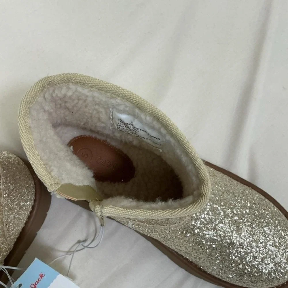 Cat & Jack Girls' Gold Glitter Faux Fur Lined Ankle Boots – Size 5